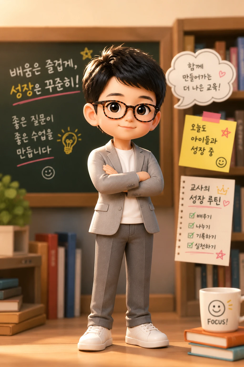 교실에서 학생의 성장을 응원하는 교사 캐릭터